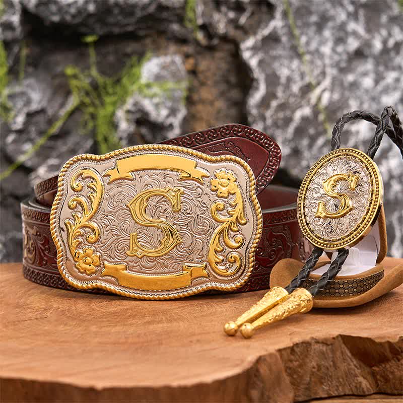 Initial Letter DIY Large Belt Buckle Gold Bolo Tie Bundle Set - Bundle - Brown Carved Belt - 42 - image 6