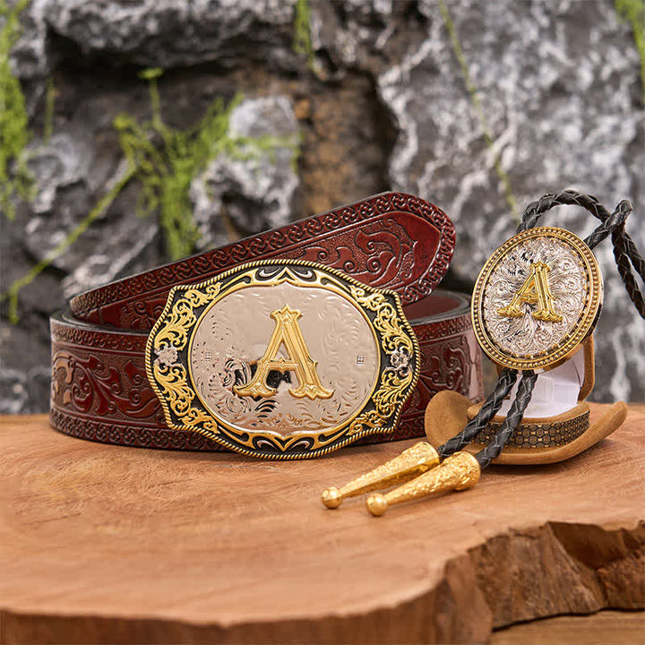 Golden Black Initial Letter DIY Belt Buckle Gold Bolo Tie Bundle Set - Bundle - Brown Carved Belt - 42 - image 7