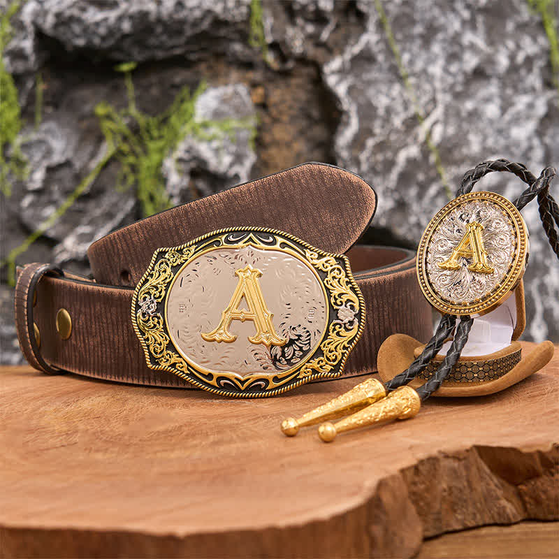 Golden Black Initial Letter DIY Belt Buckle Gold Bolo Tie Bundle Set - Bundle - Brown Distressed Belt - 42 - image 5