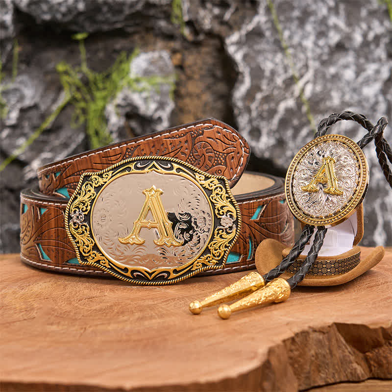 Golden Black Initial Letter DIY Belt Buckle Gold Bolo Tie Bundle Set - Bundle - Turquoise Carved Belt - 42 - image 0