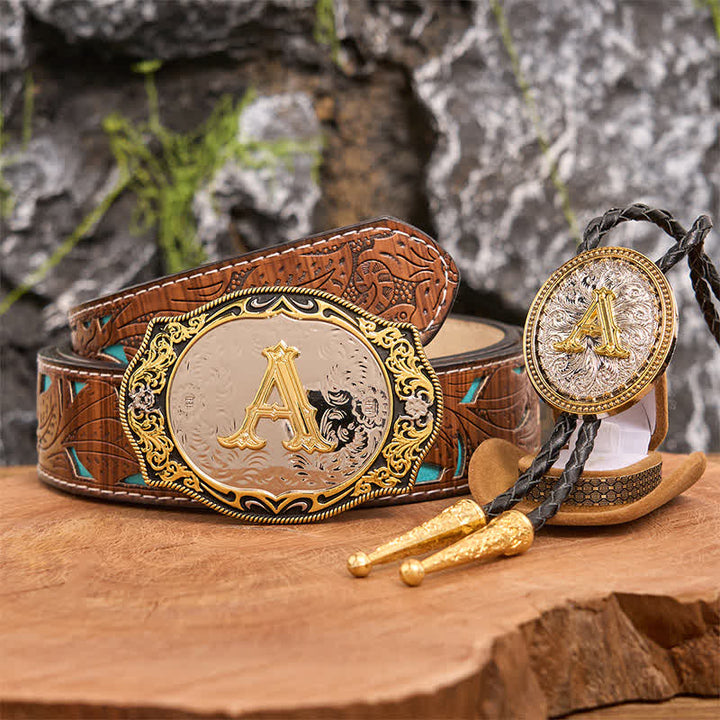 Golden Black Initial Letter DIY Belt Buckle Gold Bolo Tie Bundle Set - Bundle - Turquoise Carved Belt - 42 - image 1