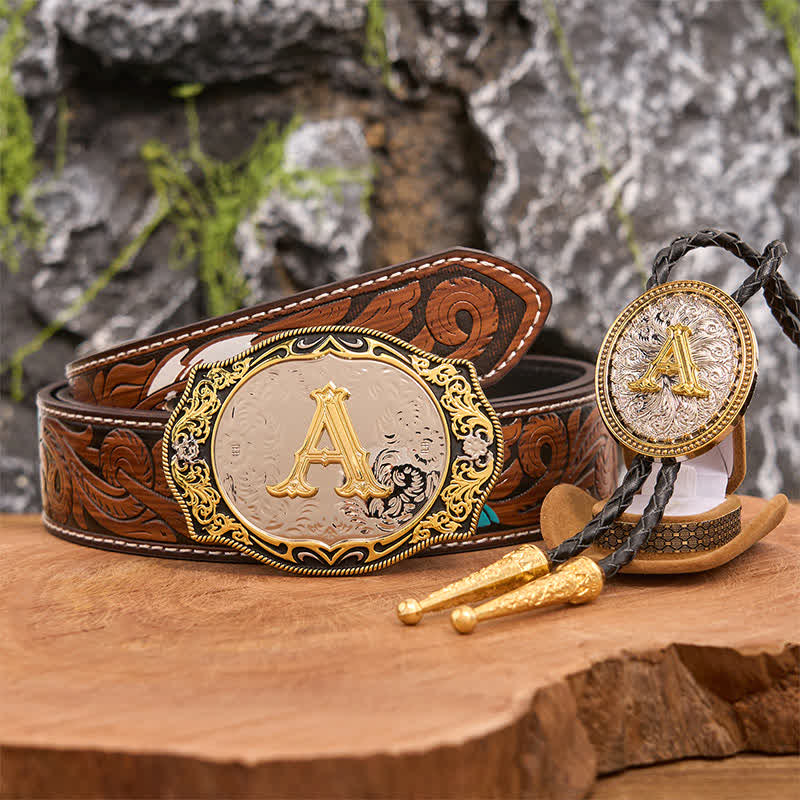 Golden Black Initial Letter DIY Belt Buckle Gold Bolo Tie Bundle Set - Bundle - Brown Feather Belt - 40 - image 7