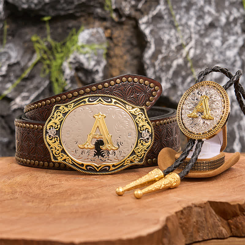 Golden Black Initial Letter DIY Belt Buckle Gold Bolo Tie Bundle Set - Bundle - Brown Rivet Belt - 42 - image 4