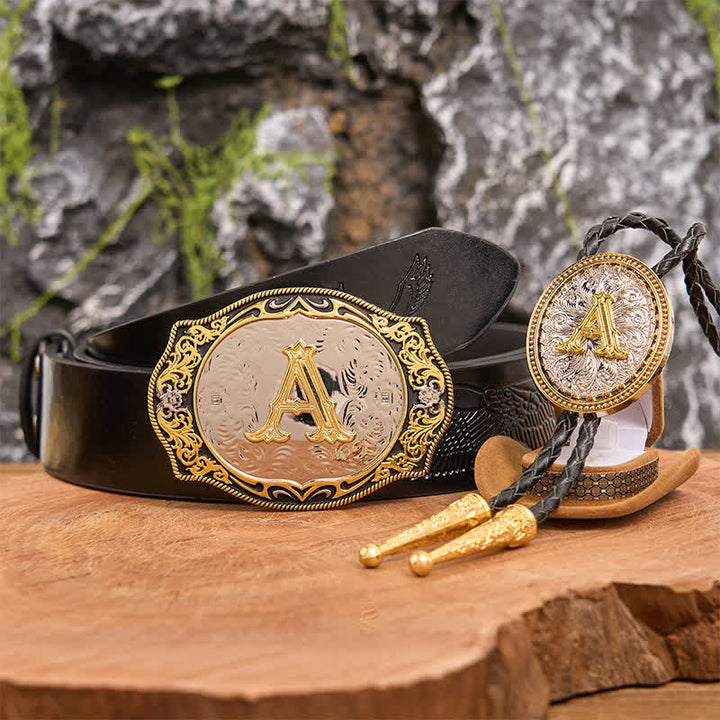 Golden Black Initial Letter DIY Belt Buckle Gold Bolo Tie Bundle Set - Bundle - Black Embossed Eagle Belt - 42 - image 3