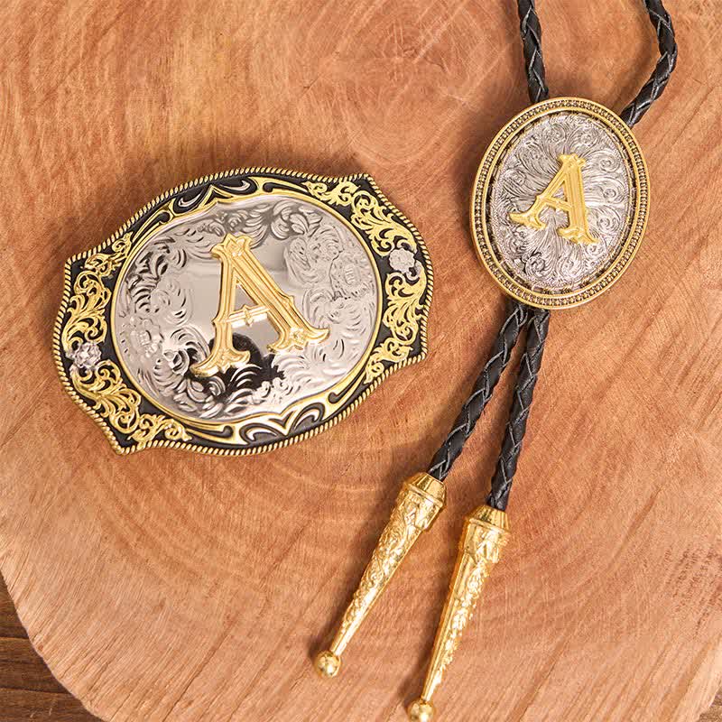 Golden Black Initial Letter DIY Belt Buckle Gold Bolo Tie Bundle Set - Bundle - Without Belt - Not Include Belt - image 1