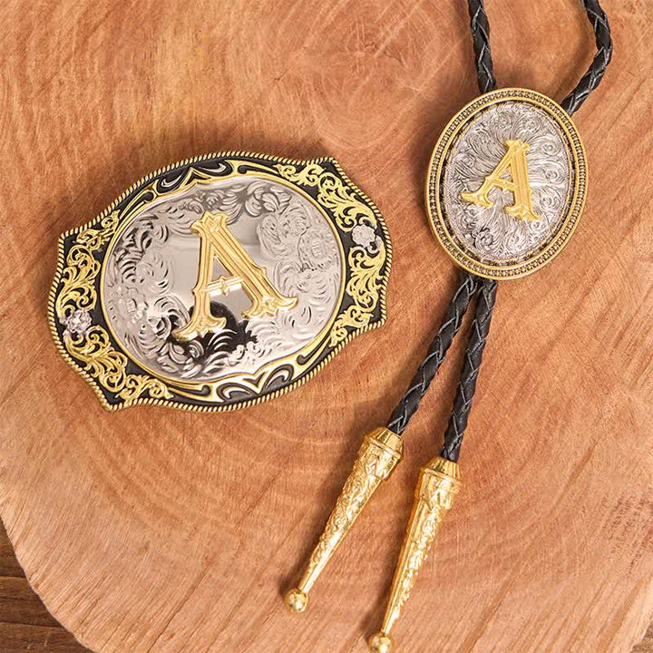 Golden Black Initial Letter DIY Belt Buckle Gold Bolo Tie Bundle Set - Bundle - Without Belt - Not Include Belt - image 1