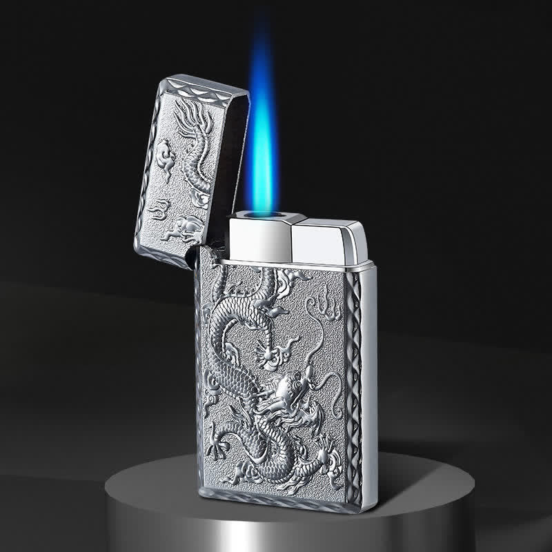 Dragon Embossed Single Jet Flame Refillable Butane Lighter - Silver - image 2