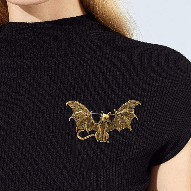 Halloween Gold & Silver Winged Cat Shaped Brooch Accessory - image 1