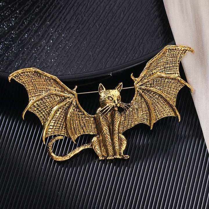 Halloween Gold & Silver Winged Cat Shaped Brooch Accessory - Golden - image 0