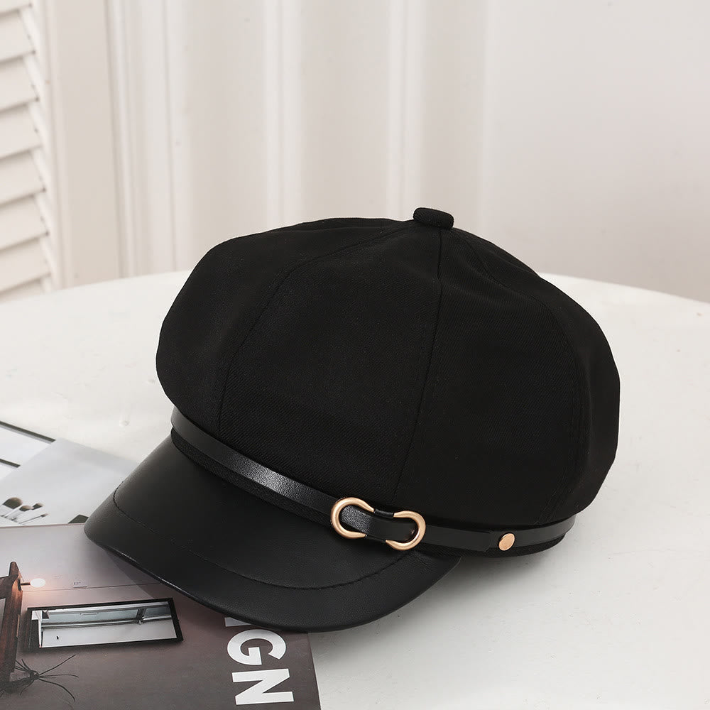 British Style Leather Brim Buckle Women's Beret - Black - Adjustable (21 5/8"-22 7/8") - image 3
