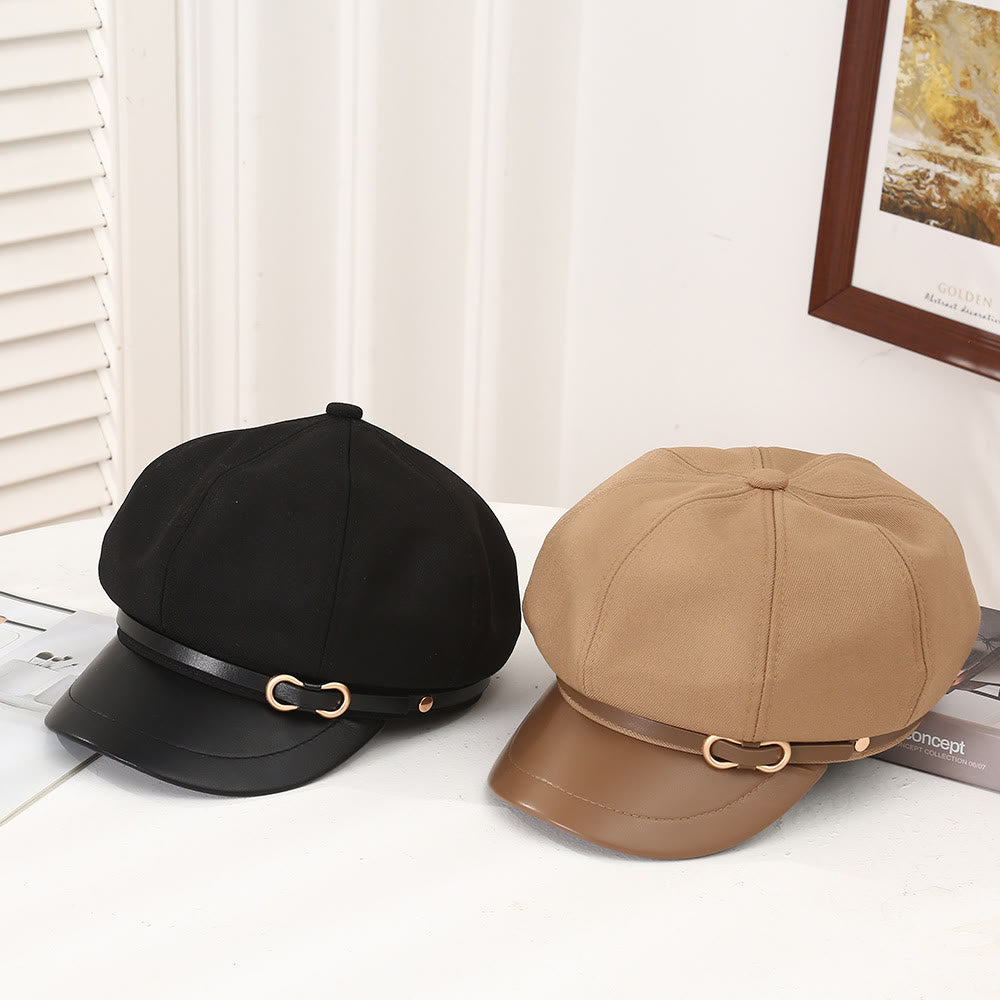 British Style Leather Brim Buckle Women's Beret - image 1