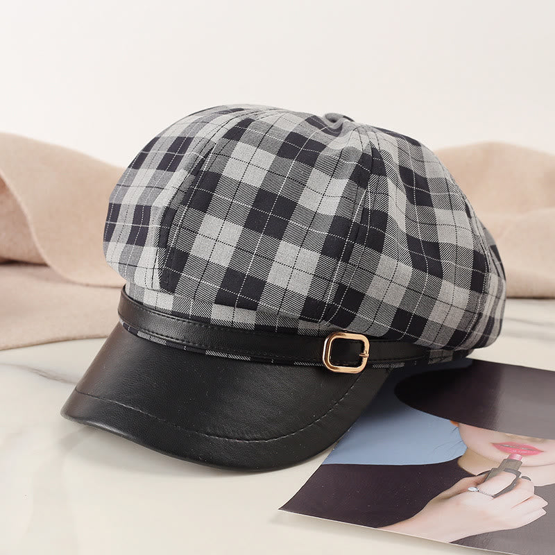 Retro Color Blocking Metal Buckle Women's Beret Hat - Black - Adjustable(22"-23 5/8") - image 0