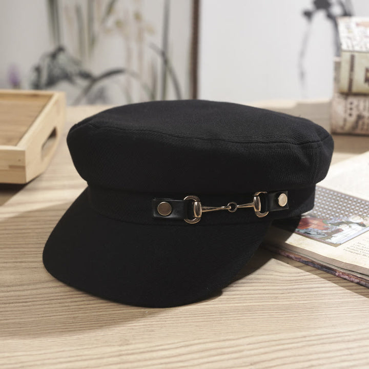 Winter Women's Flat Topped Beret Hat With Brim Buckle - Black - M (22"-22 7/8") - image 3