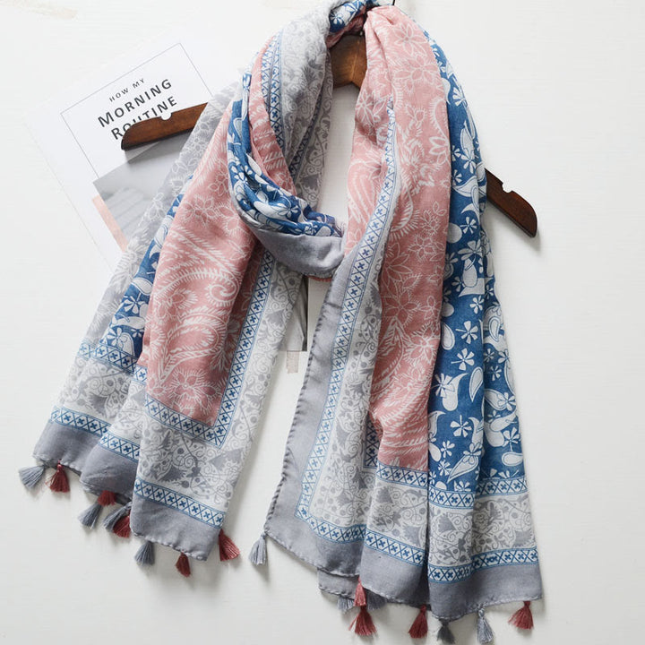 Bohemian Style Cashew Print Color Blocked Scarf - Blue and Pink - image 0