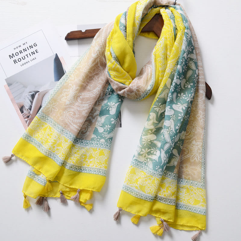 Bohemian Style Cashew Print Color Blocked Scarf - Yellow and Khaki - image 5