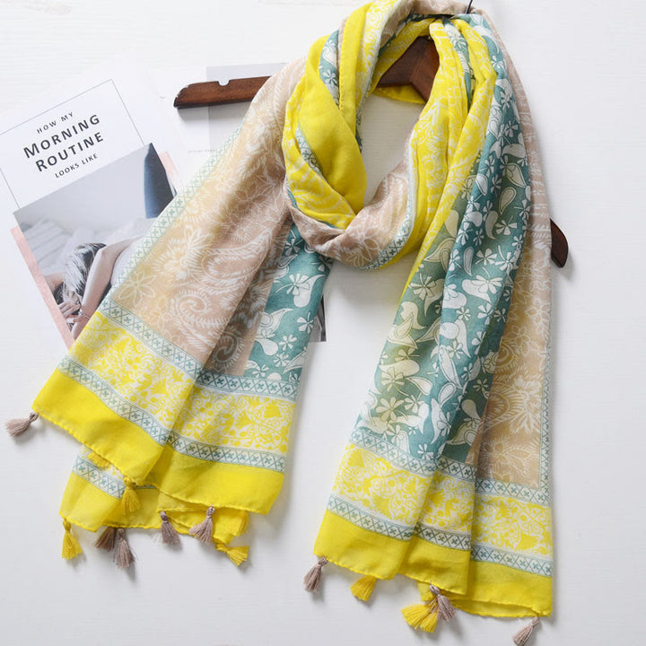 Bohemian Style Cashew Print Color Blocked Scarf - Yellow and Khaki - image 5