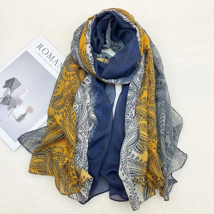 Fashion Sunscreen Color Blocked Women's Shawl Scarf - Yellow and Navy Blue - image 0