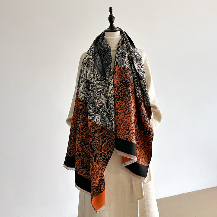 Retro Exotic Cashew Print Women's Winter Warm Scarf - Black and Orange - image 4