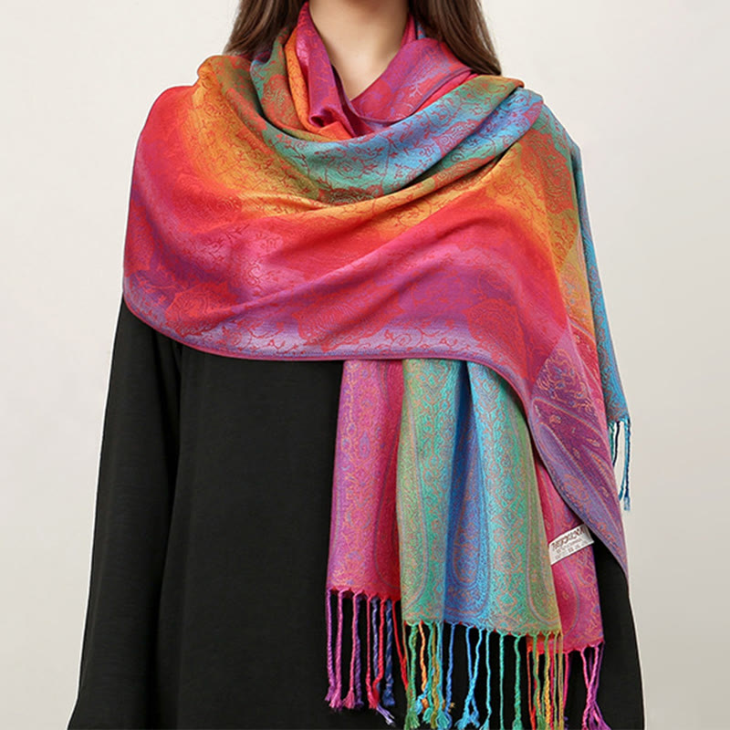 Ethnic Style Color Gradient Embroidery Tassel Scarf - image 1