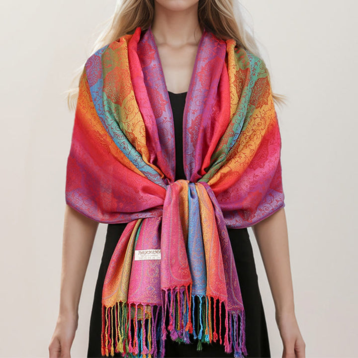 Ethnic Style Color Gradient Embroidery Tassel Scarf - image 2