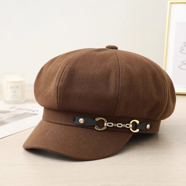 Fashion Winter Women's Beret Hat With Metal Buckle Chain - Coffee - Adjustable (21 5/8"-23 5/8") - image 3