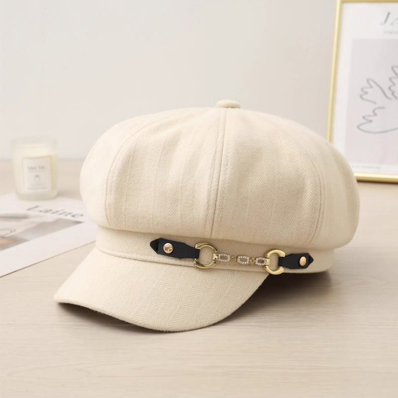 Fashion Winter Women's Beret Hat With Metal Buckle Chain - Beige - Adjustable (21 5/8"-23 5/8") - image 2