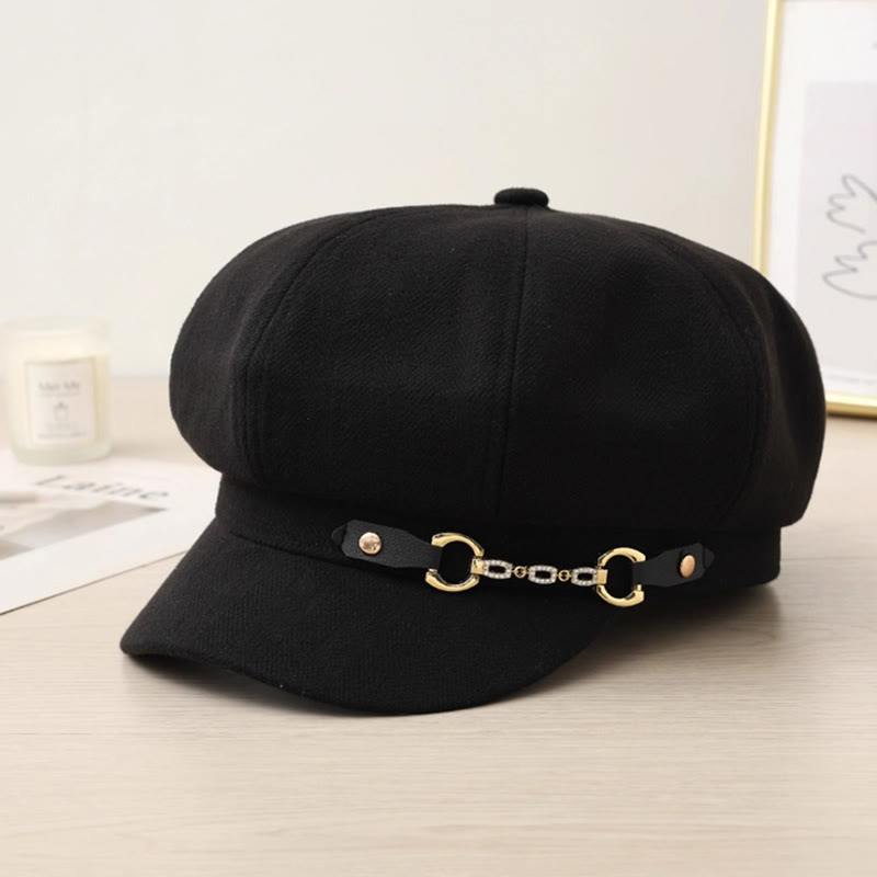 Fashion Winter Women's Beret Hat With Metal Buckle Chain - Black - Adjustable (21 5/8"-23 5/8") - image 1