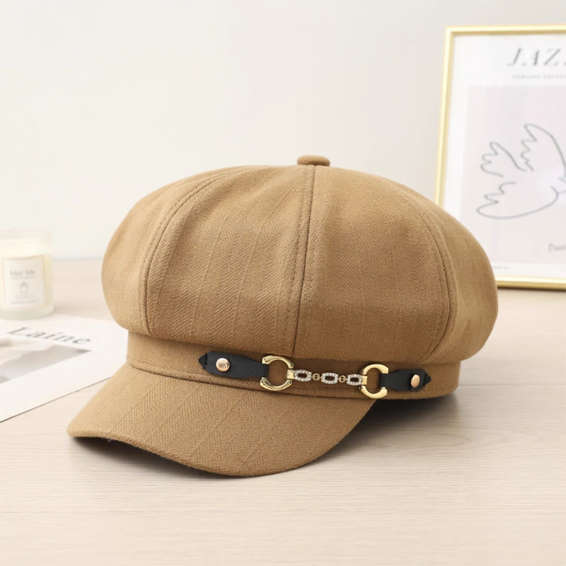 Fashion Winter Women's Beret Hat With Metal Buckle Chain - Khaki - Adjustable (21 5/8"-23 5/8") - image 0