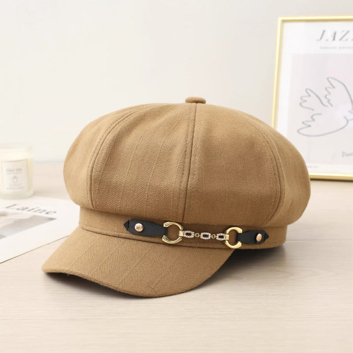 Fashion Winter Women's Beret Hat With Metal Buckle Chain - Khaki - Adjustable (21 5/8"-23 5/8") - image 0