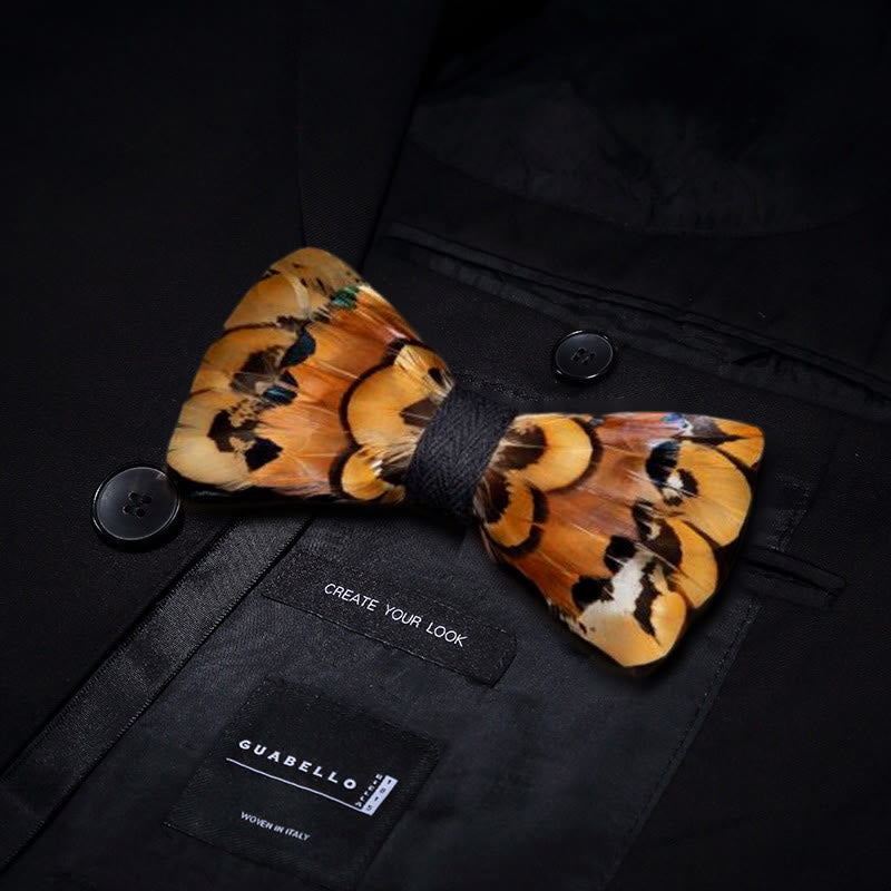 Beige & Gold Pheasant Feather Bow Tie with Lapel Pin - image 1