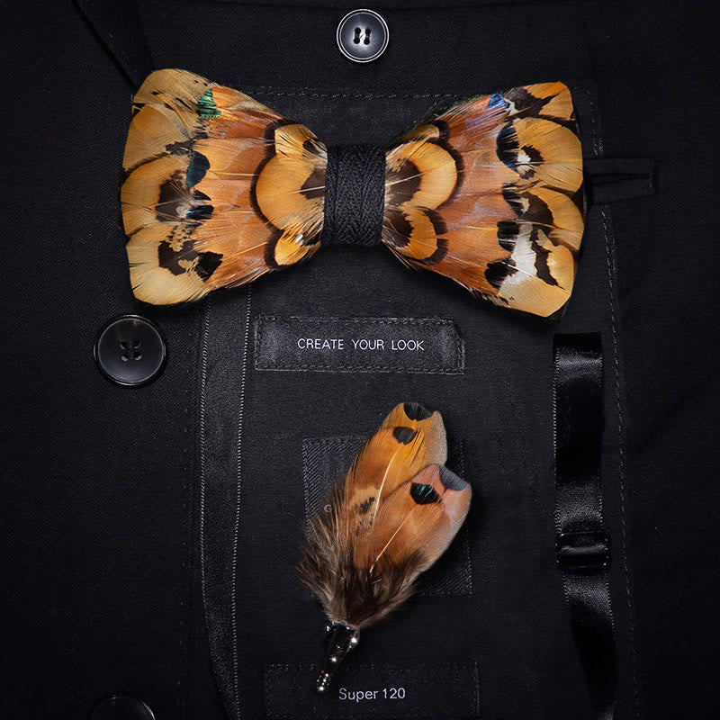 Beige & Gold Pheasant Feather Bow Tie with Lapel Pin - Adult - image 0