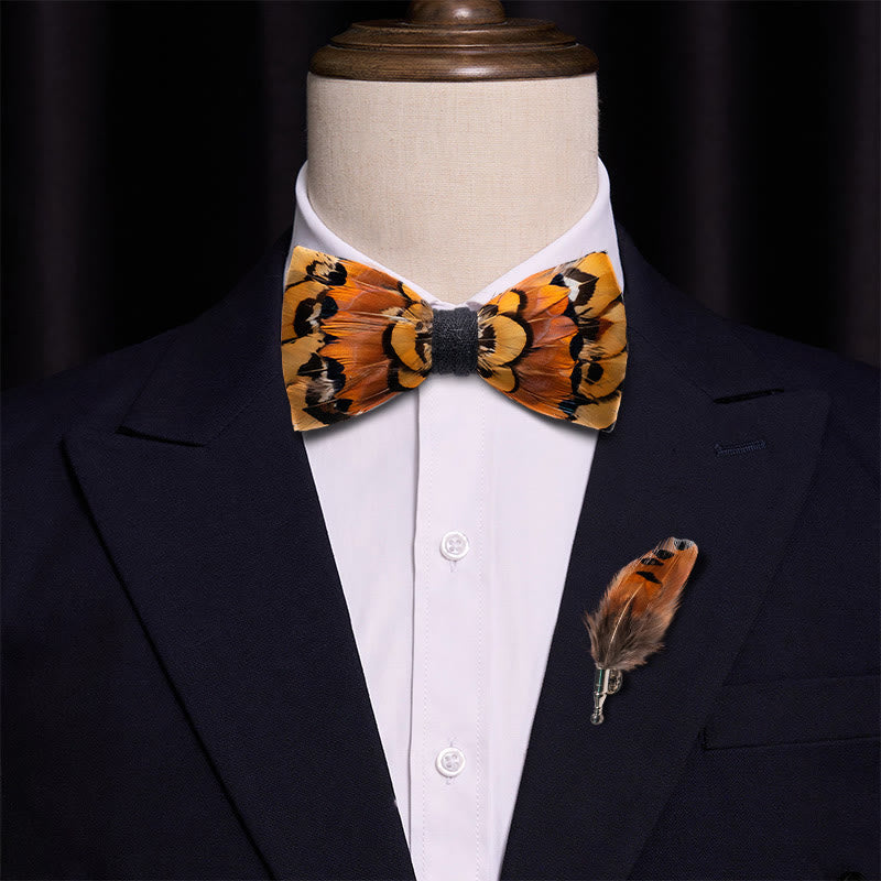Beige & Gold Pheasant Feather Bow Tie with Lapel Pin - image 3
