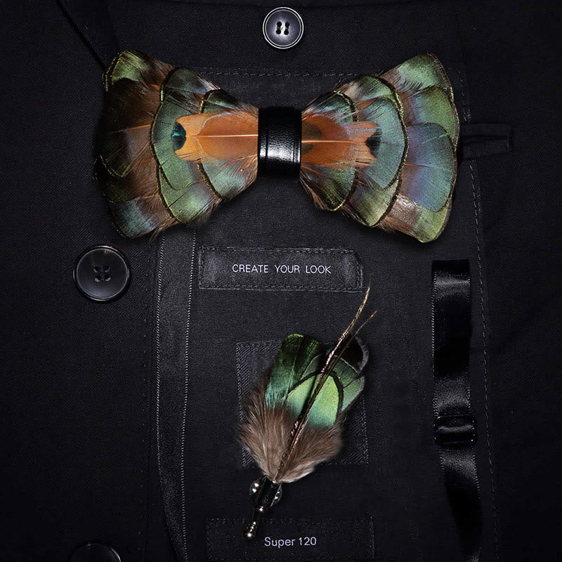 Emerald Green & Gold Feather Bow Tie with Lapel Pin - Adult - image 0