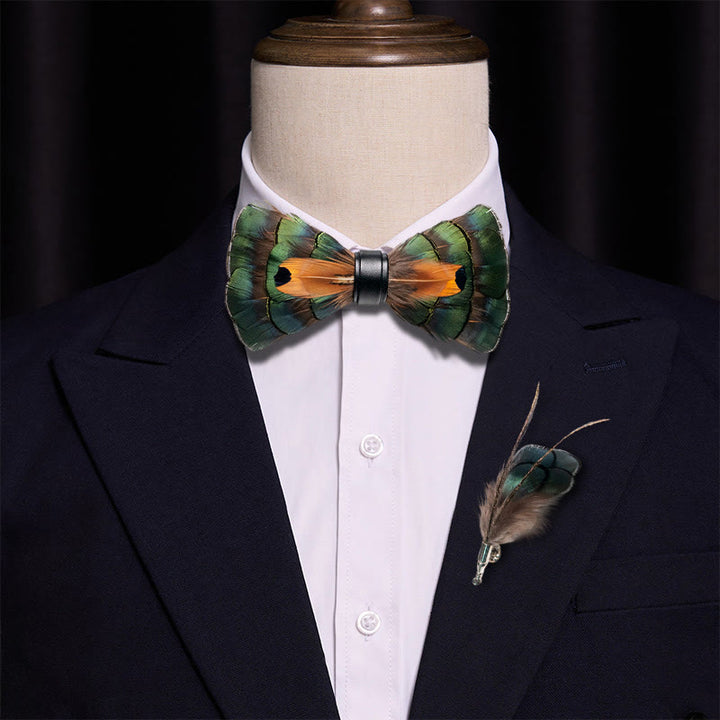 Emerald Green & Gold Feather Bow Tie with Lapel Pin - image 1