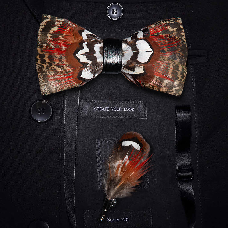 Brown & Red Feather Bow Tie with Lapel Pin -  Adult - image 0