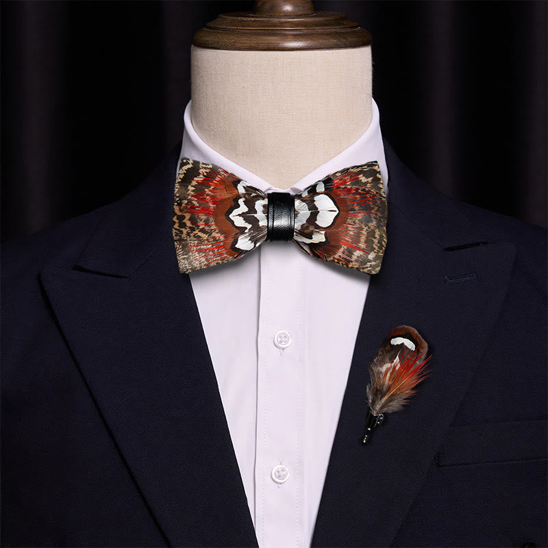 Brown & Red Feather Bow Tie with Lapel Pin - image 1