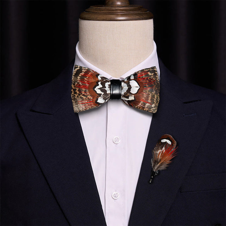 Brown & Red Feather Bow Tie with Lapel Pin - image 1