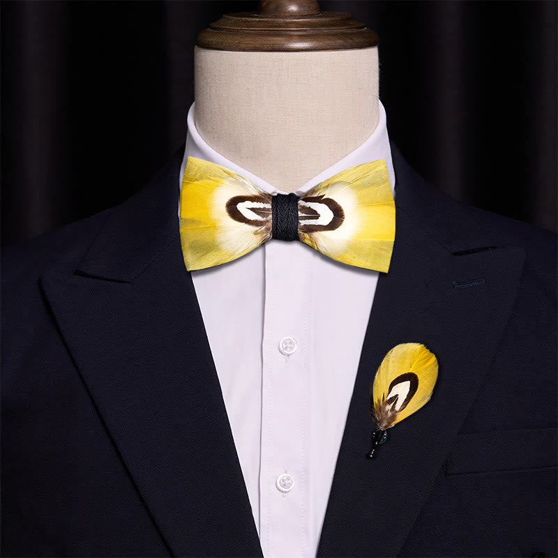 Yellow Parrot Feather Bow Tie with Lapel Pin - image 1