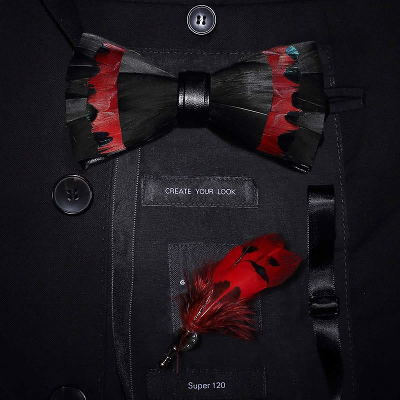 Black & Red Swan Feather Bow Tie with Lapel Pin - Adult - image 0