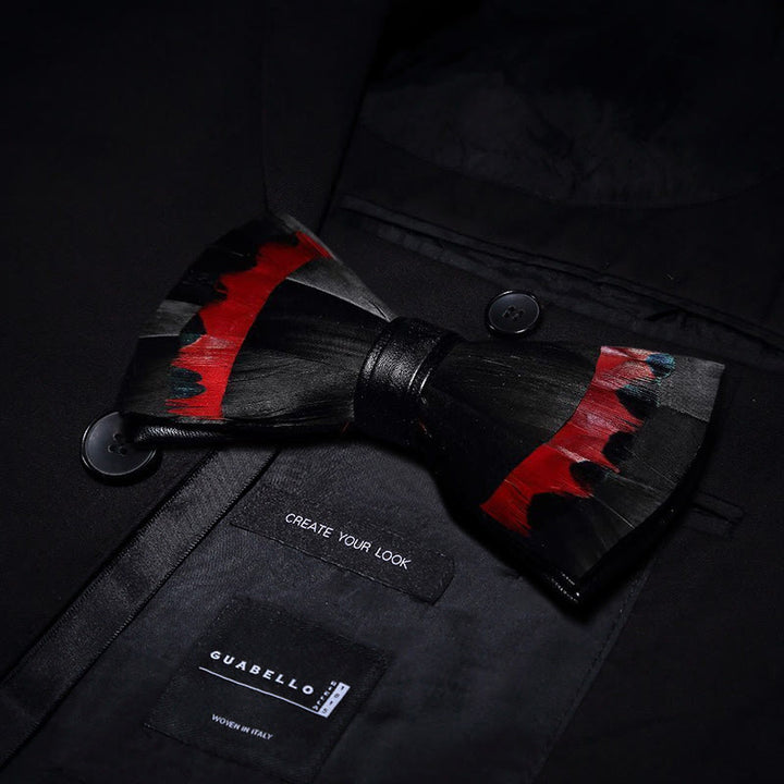 Black & Red Swan Feather Bow Tie with Lapel Pin - image 1