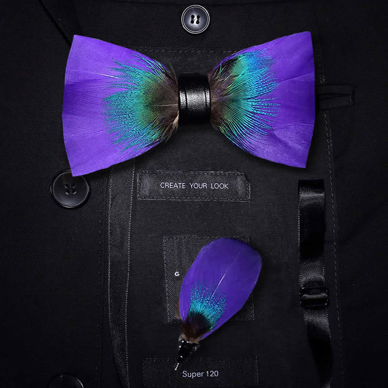 Royalty Purple & Teal Feather Bow Tie with Lapel Pin - Adult - image 0