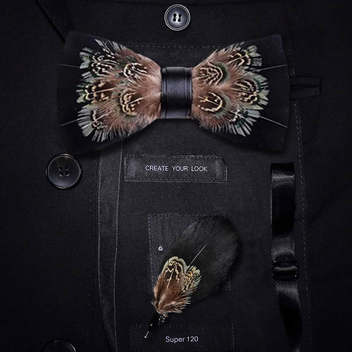 Black & Brown Rich Pheasant Feather Bow Tie with Lapel Pin - Adult - image 0