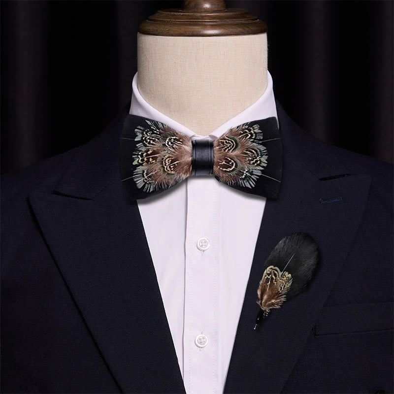 Black & Brown Rich Pheasant Feather Bow Tie with Lapel Pin - image 2