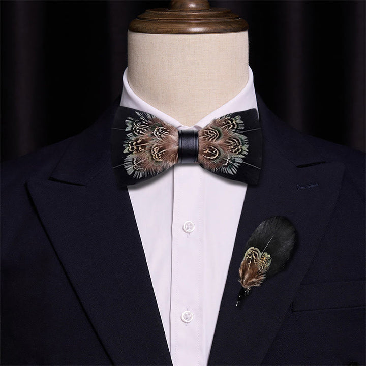 Black & Brown Rich Pheasant Feather Bow Tie with Lapel Pin - image 2