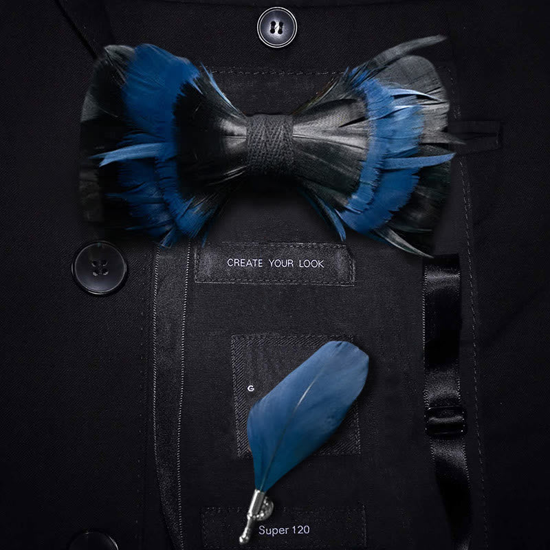 MidnightBlue & Black Feather Bow Tie with Lapel Pin - Adult - image 0