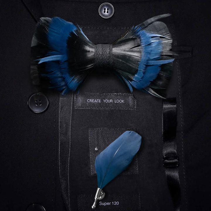 MidnightBlue & Black Feather Bow Tie with Lapel Pin - Adult - image 0