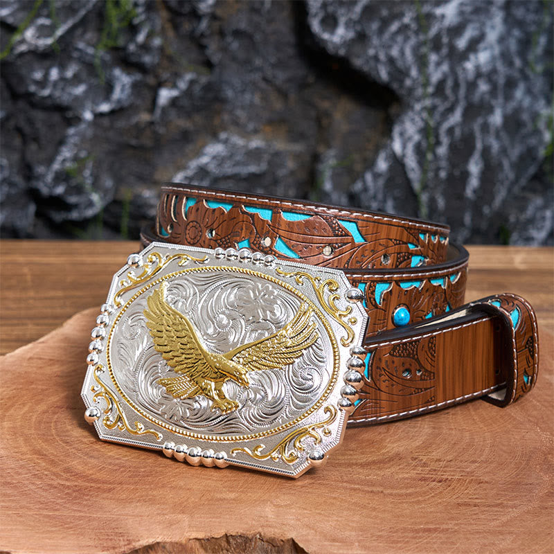 Golden Flying Eagle DIY Cowboy Buckle Leather Belt - Flying Eagle - Turquoise Carved Belt - 42 - image 4