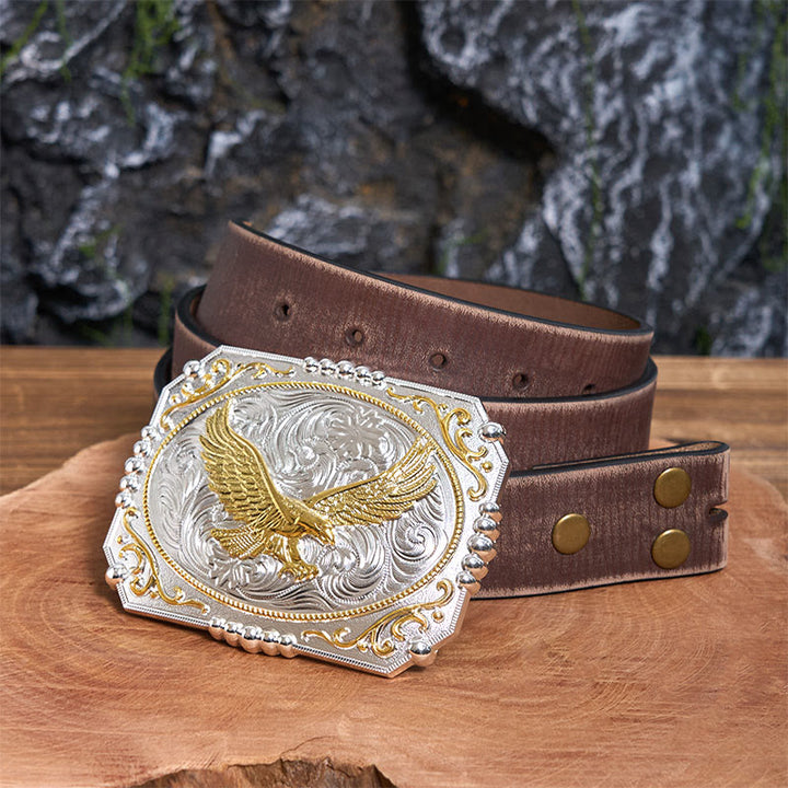 Golden Flying Eagle DIY Cowboy Buckle Leather Belt - Flying Eagle - Brown Distressed Belt - 42 - image 6