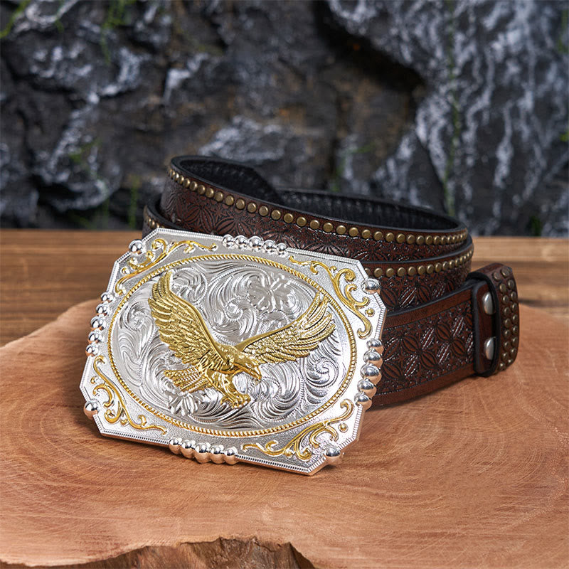 Golden Flying Eagle DIY Cowboy Buckle Leather Belt - Flying Eagle - Brown Rivet Belt - 42 - image 5