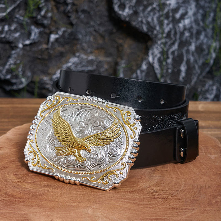 Golden Flying Eagle DIY Cowboy Buckle Leather Belt - Flying Eagle - Black Embossed Eagle Belt - 42 - image 1